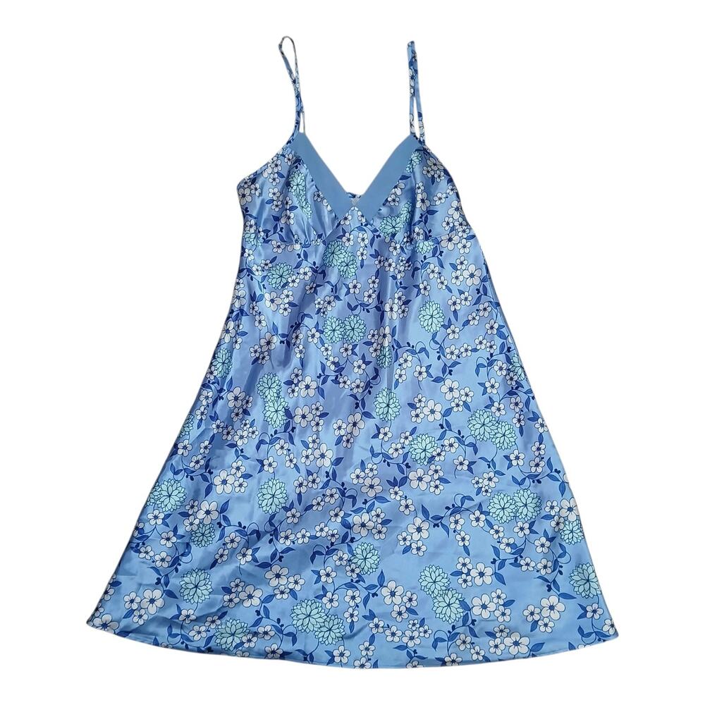 Adonna Women’s Slip Dress Small‎ Blue Floral Satin Silky Chemise Cottagecore